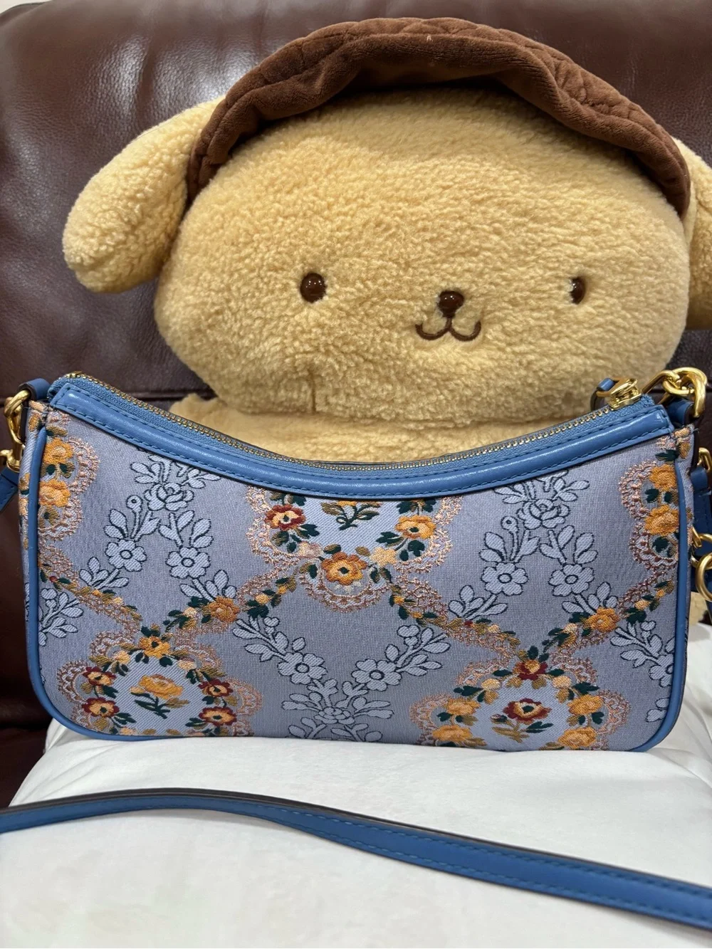 Tory Burch Blue Floral Embroidered Shoulder Bag with Gold Colored Hardware